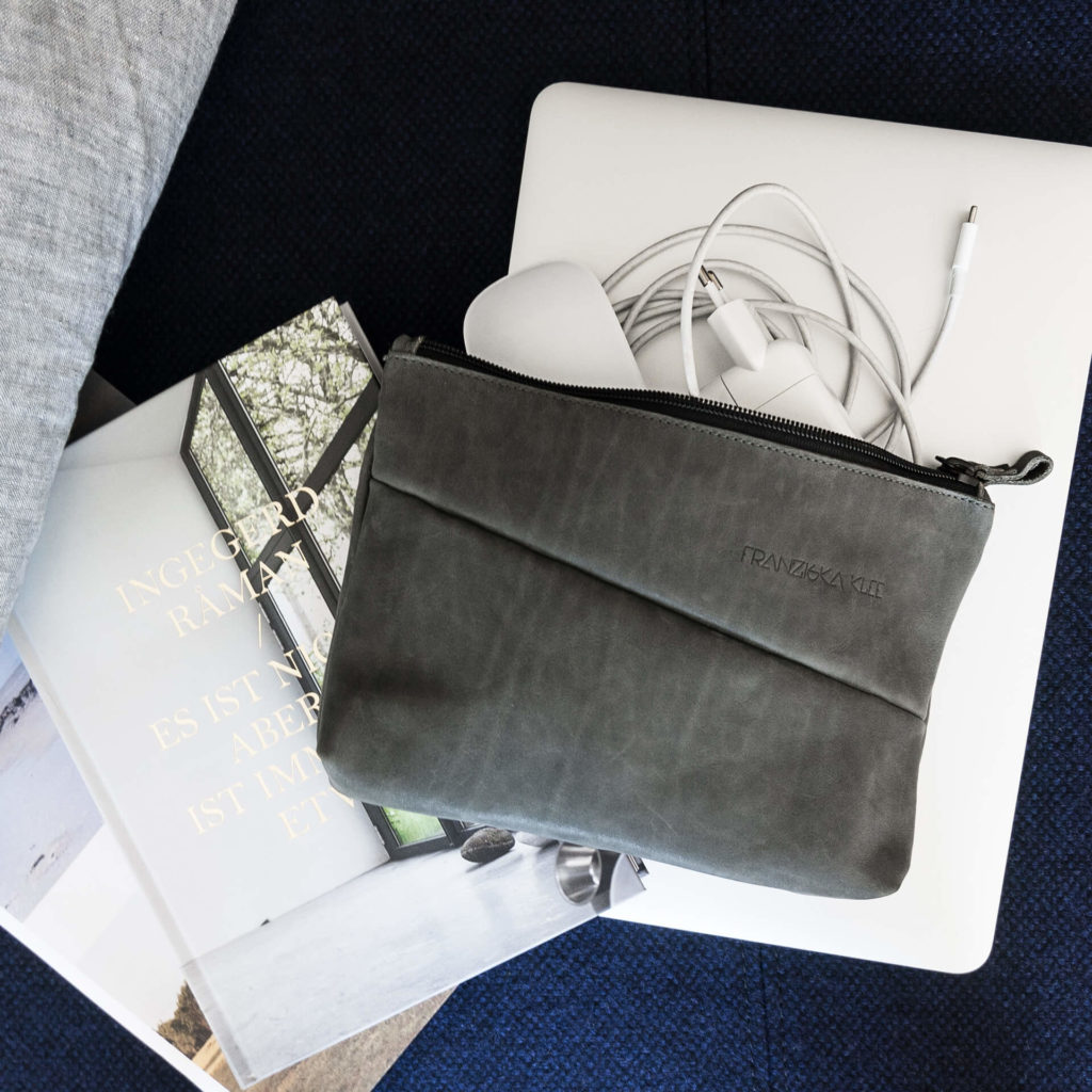Pouch FRA utensil bag made of sustainable natural leather in stone gray for technology accessories
