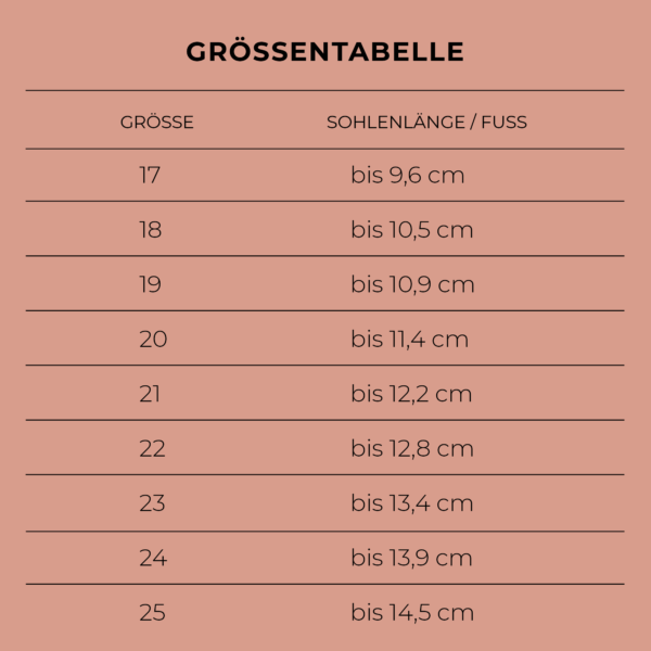 Size chart with measurements for sole length for walker shoes MOQ
