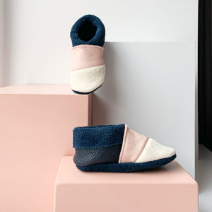 Mood Shot Configured walker shoes MOQ made of sustainable natural leather in dark blue, pink and cream