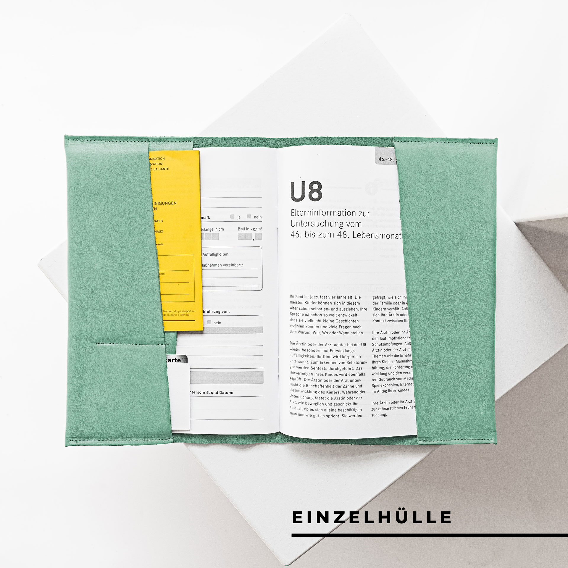 Inside view of the U-booklet EVE as single cover made of sustainable natural leather in mint with U-booklet, vaccination card and insurance card